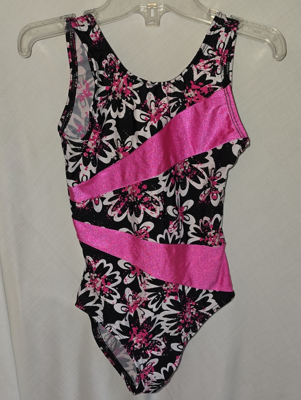 Girls Black and Pink Floral Dance Leotard with Shiny Pink Bands Size 8/10